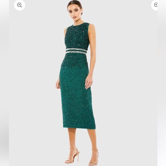 Mac Duggal Emerald green Sleeveless High Neck Beaded Midi Sheath Dress 10 10509 - Picture 1 of 11